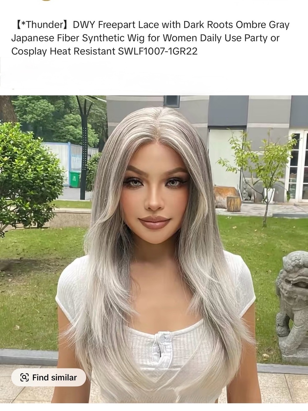 DWY Thunder Ombre Gray Synthetic Wig with Dark Roots